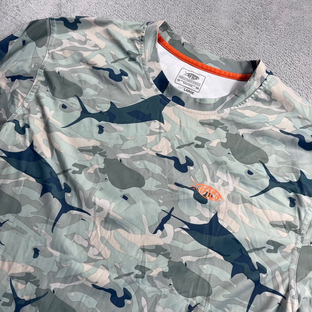 AFTCO Mens Large Long Sleeve Fishing Shirt Camo Fish Print Performance Tee